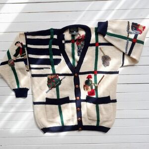 vtg Berek cream fly fishing fisherman wool intarsia cardigan‎ sweater